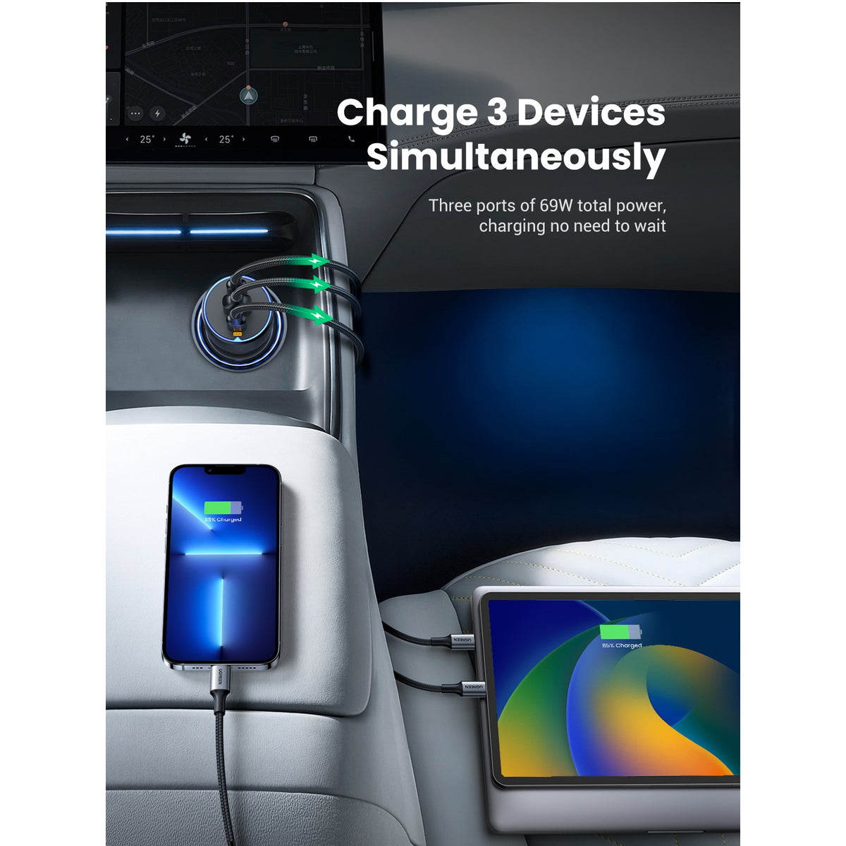 UGREEN EC703 Autós Töltő, 75W, 3.25A, 1 x USB-A - 2 x USB-C, Fekete