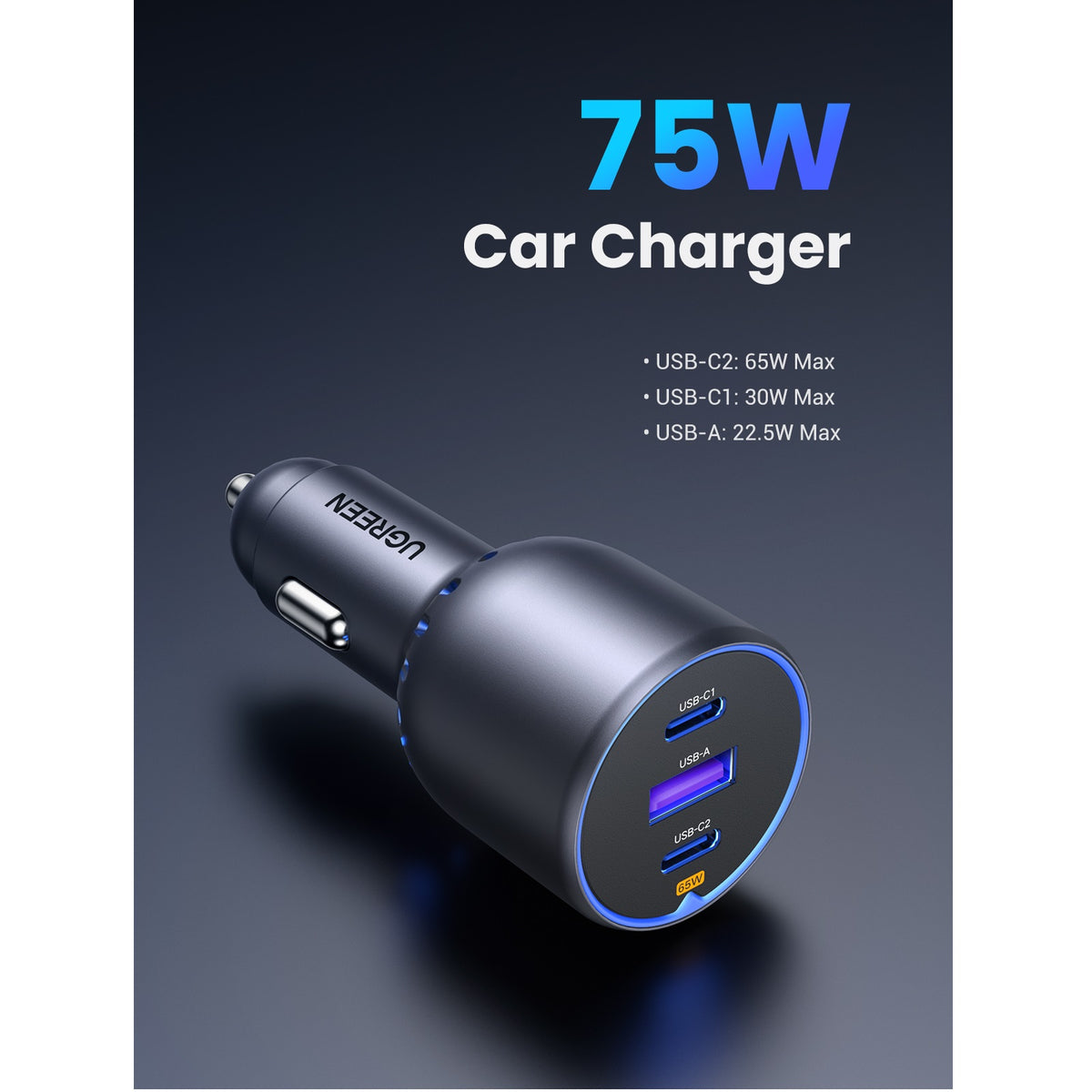 UGREEN EC703 Autós Töltő, 75W, 3.25A, 1 x USB-A - 2 x USB-C, Fekete