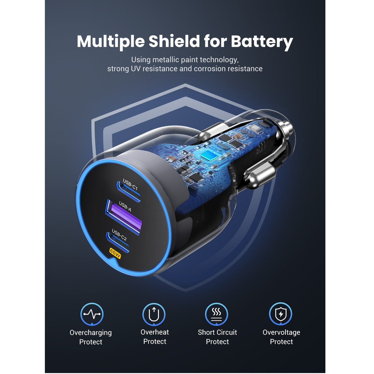 UGREEN EC703 Autós Töltő, 75W, 3.25A, 1 x USB-A - 2 x USB-C, Fekete
