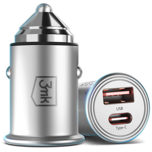 Autótöltő 3MK HyperCharger, 30W, 5A, 1 x USB-A - 1 x USB-C, Ezüst
