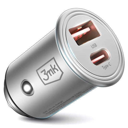 Autótöltő 3MK HyperCharger, 30W, 5A, 1 x USB-A - 1 x USB-C, Ezüst