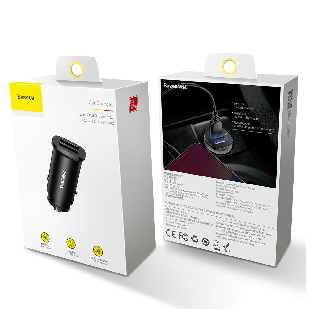 Autótöltő Baseus BS-C15Q, 30W, 5A, 2 x USB-A, fekete CCALL-DS01