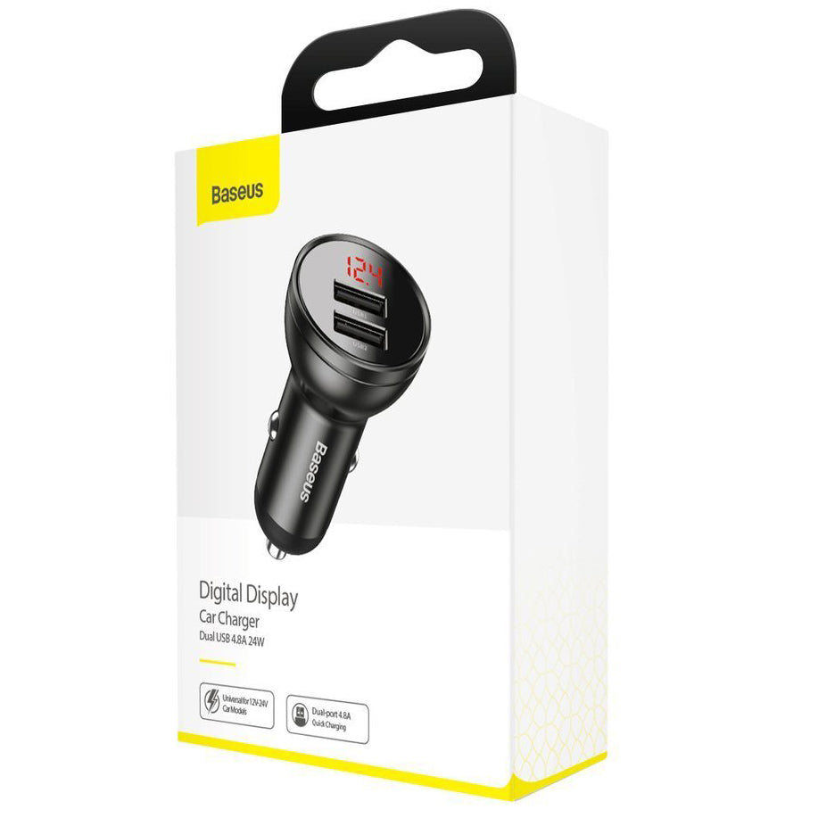 Baseus digitális kijelzős autós töltő, 24W, 2.4A, 2 x USB-A, szürke CCBX-0G