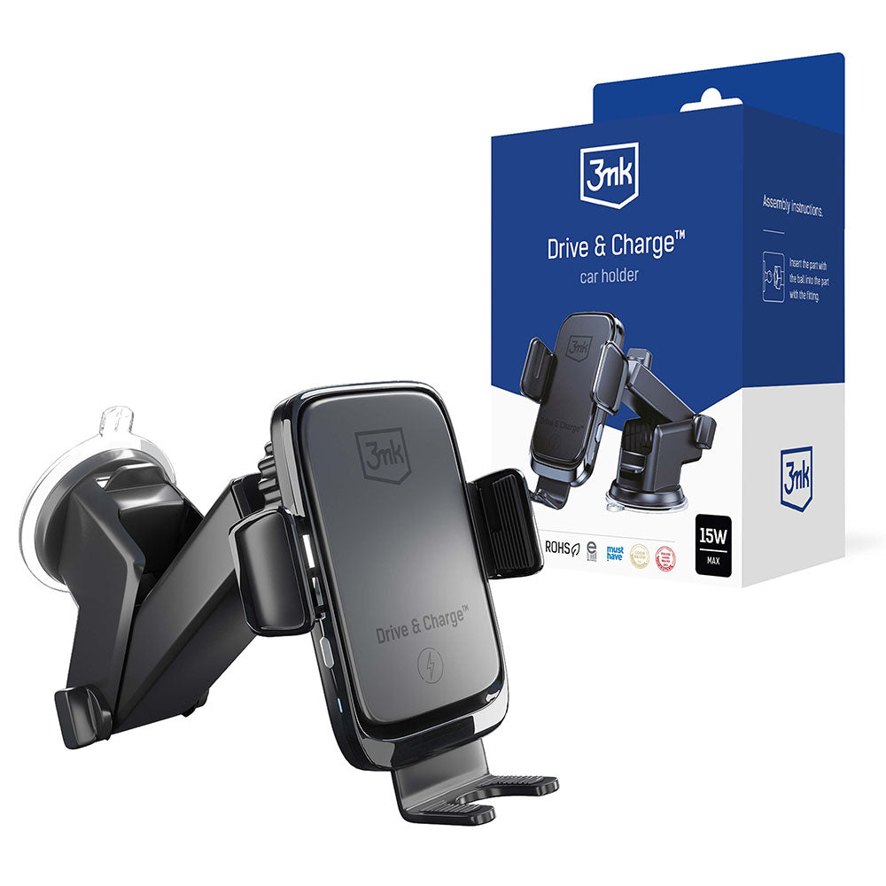 Vezeték nélküli autós töltő 3MK Drive&Charge, 15W, 1.67A, Fekete