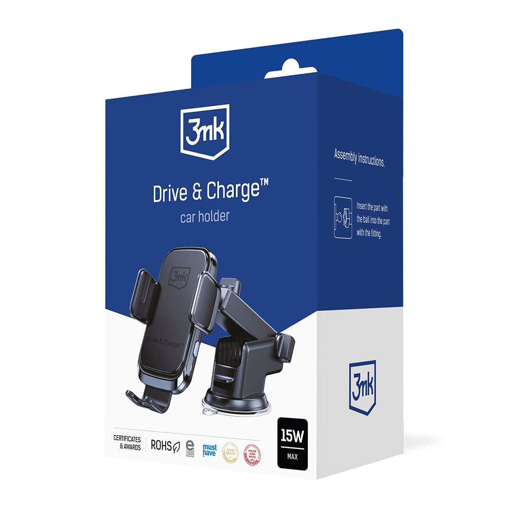 Vezeték nélküli autós töltő 3MK Drive&Charge, 15W, 1.67A, Fekete