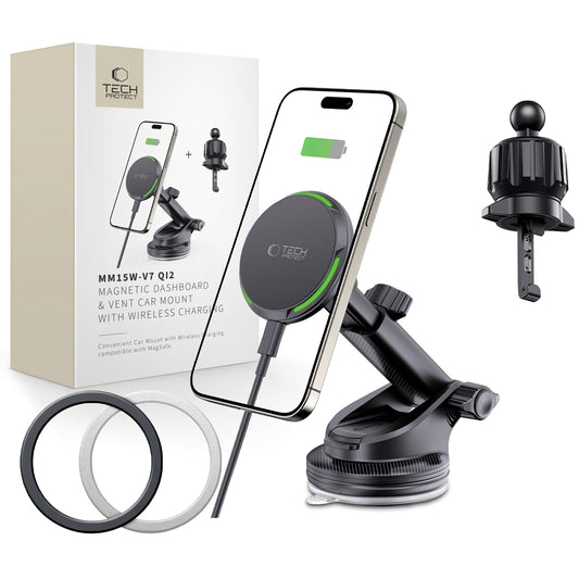 Vezeték nélküli autós töltő Tech-Protect MM15W-V7 QI2, 15W, 1.67A, fekete