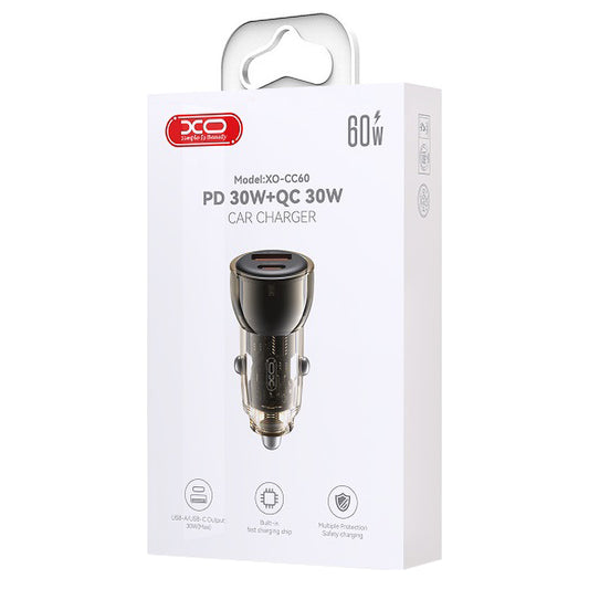 Autótöltő XO Design CC60, 60W, 3A, 1 x USB-A - 1 x USB-C, Fekete