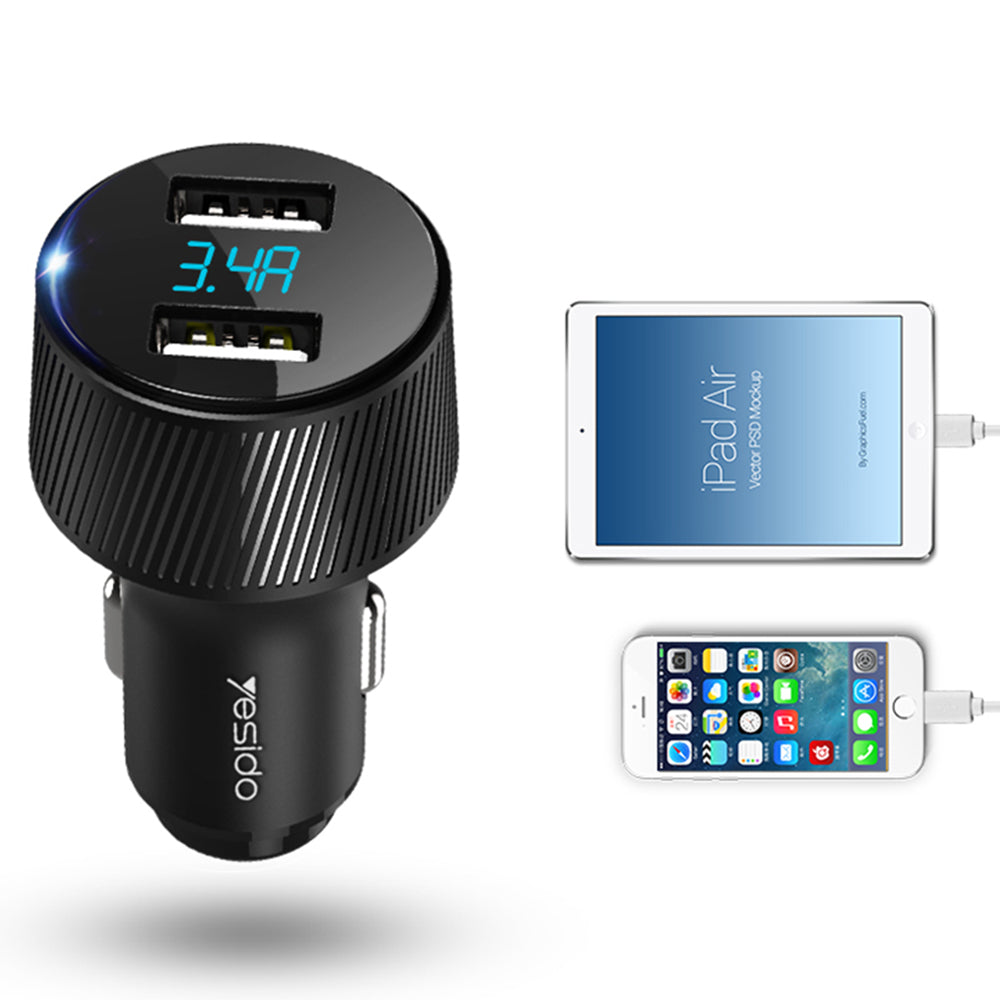 Yesido Y31 autós töltő, kijelzővel, 18W, 3A, 2 x USB-A, fekete
