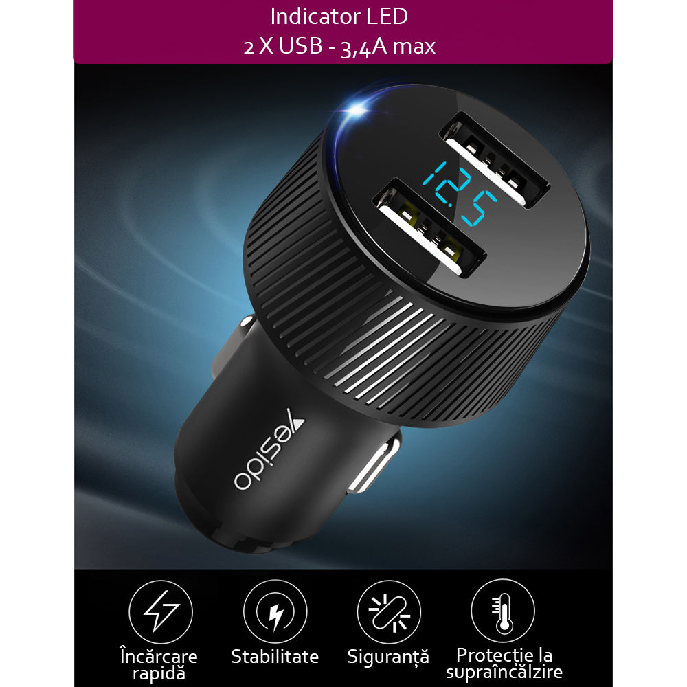 Yesido Y31 autós töltő, kijelzővel, 18W, 3A, 2 x USB-A, fekete