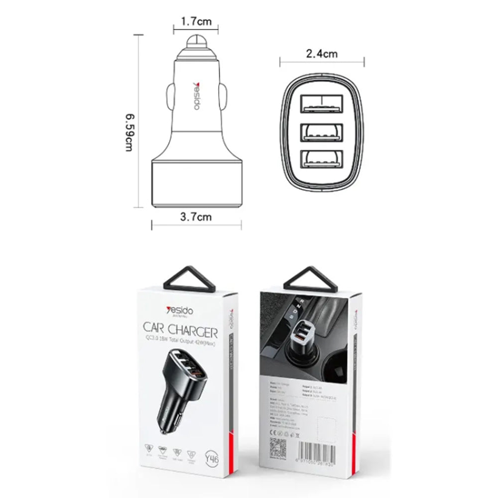 Yesido Y46 autós töltő, 42W, 3A, 3 x USB-A, Fekete