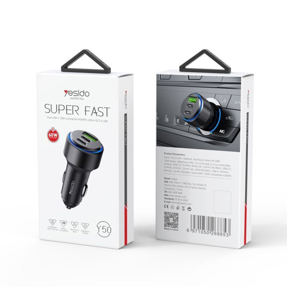 Yesido Y50 autós töltő, 60W, 3A, 1 x USB-A - 2 x USB-C, Fekete