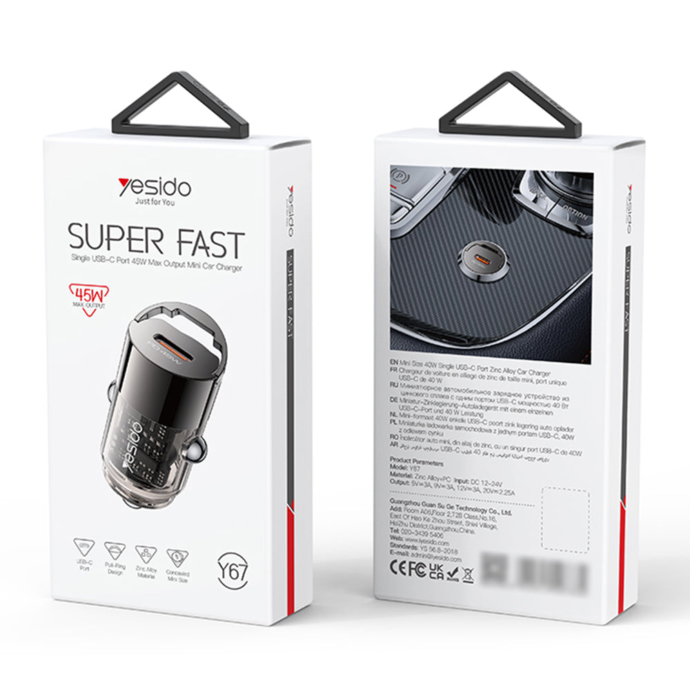 Yesido Y67 autós töltő, 45W, 3A, 1 x USB-C, Fekete