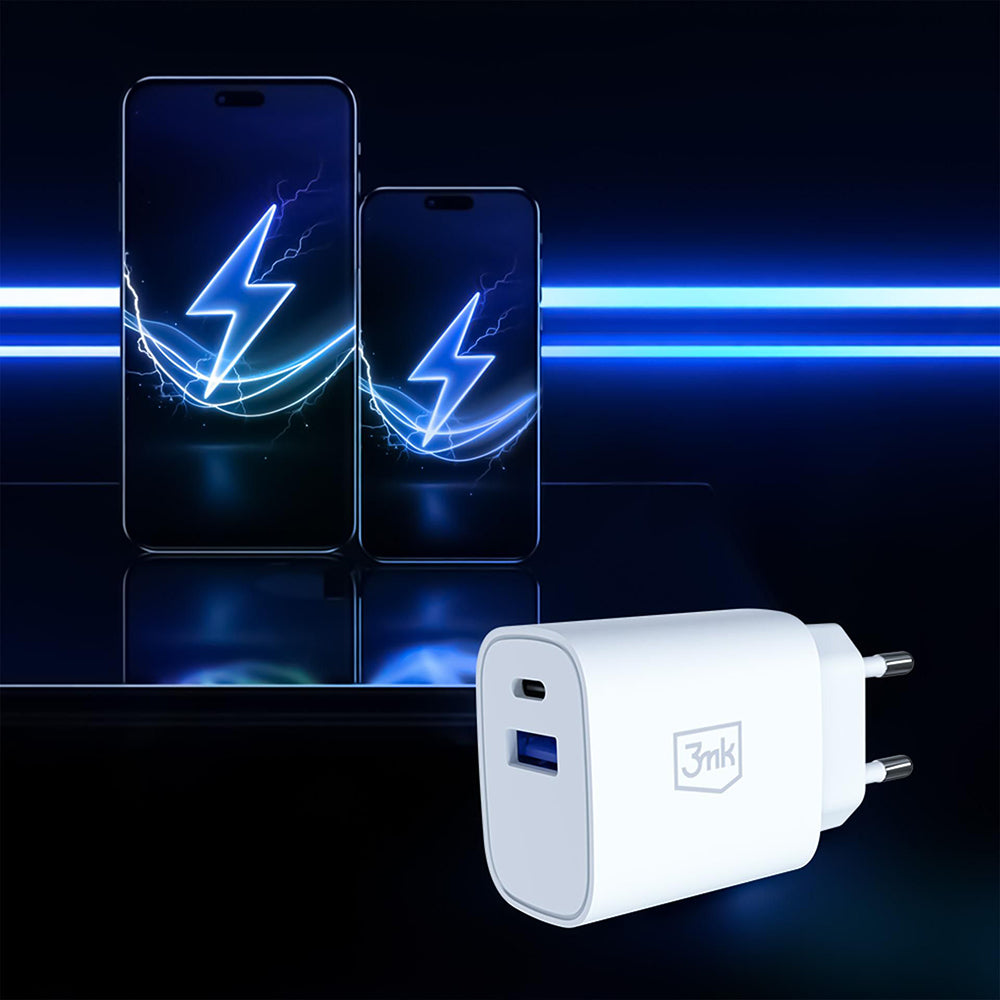 3MK FlowPower hálózati töltő, 25W, 1 x USB-A - 1 x USB-C, Fehér