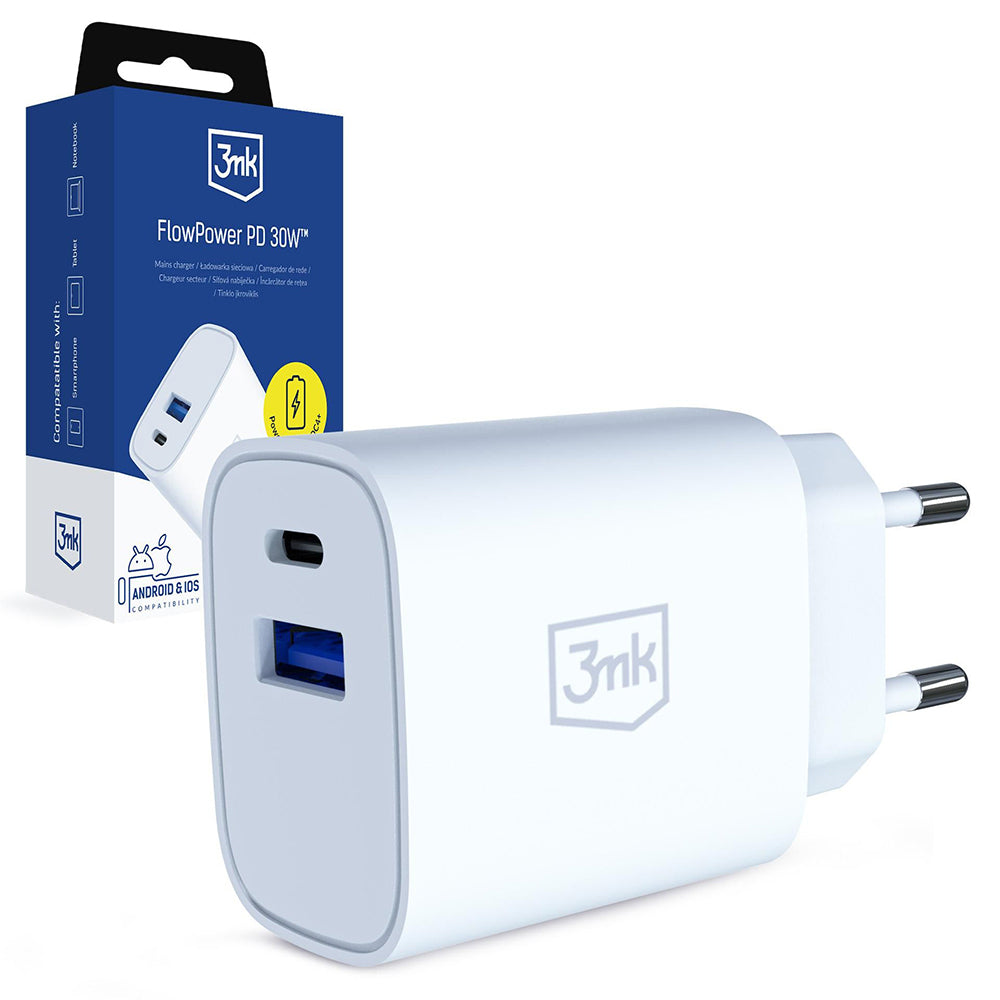 3MK FlowPower hálózati töltő, 30W, 1 x USB-A - 1 x USB-C, Fehér