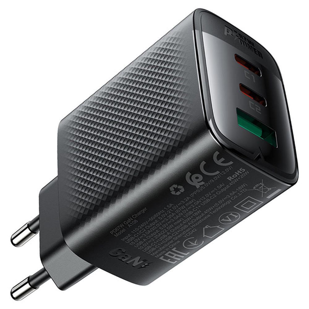 Acefast A108 hálózati töltő, 67W, 3A, 1 x USB-A - 2 x USB-C, Fekete