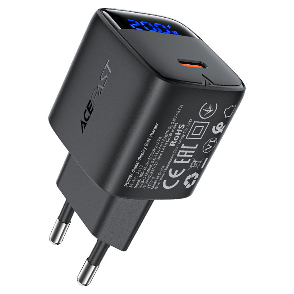 Acefast A113 Display hálózati töltő, 20W, 3A, 1 x USB-C, Fekete