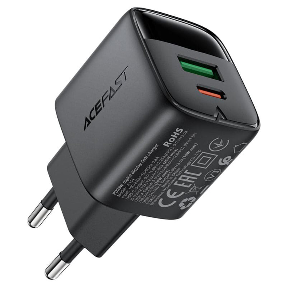 Acefast A114 Display hálózati töltő, 25W, 3A, 1 x USB-A - 1 x USB-C, Fekete