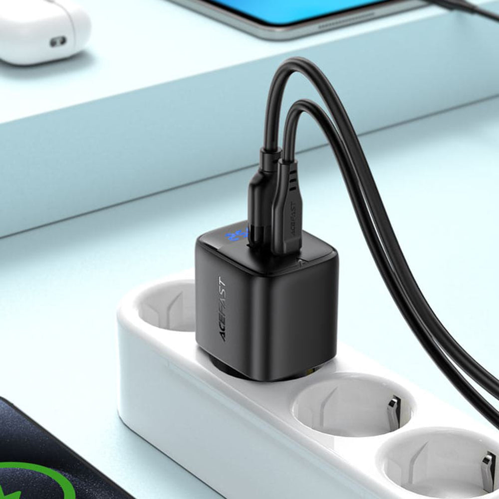 Acefast A114 Display hálózati töltő, 25W, 3A, 1 x USB-A - 1 x USB-C, Fekete