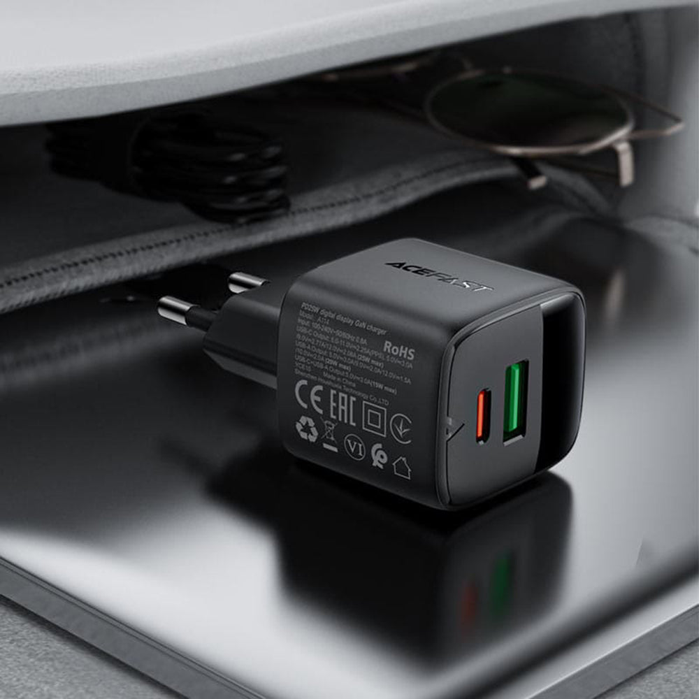 Acefast A114 Display hálózati töltő, 25W, 3A, 1 x USB-A - 1 x USB-C, Fekete