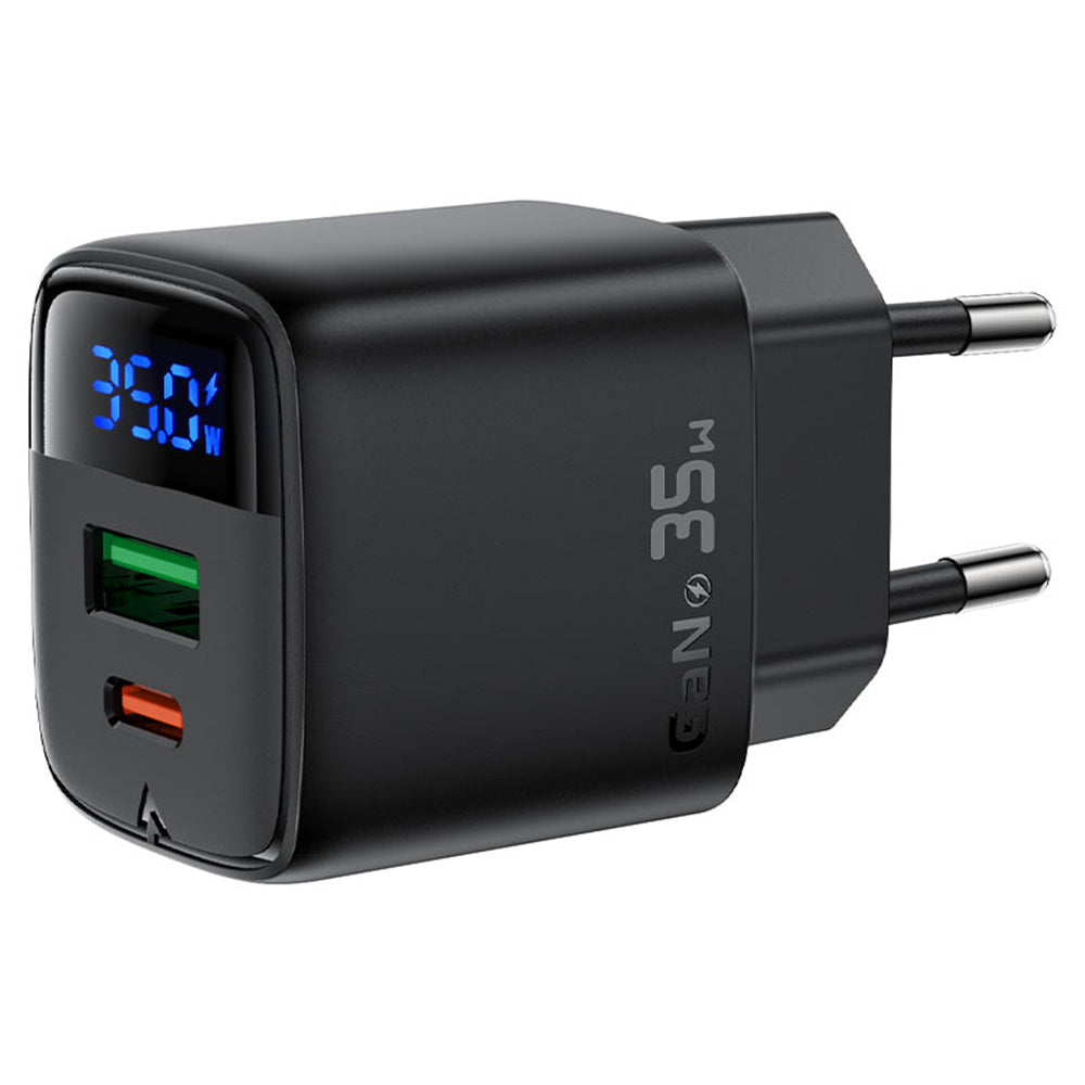 Acefast A116 Display hálózati töltő, 35W, 3A, 1 x USB-A - 1 x USB-C, Fekete
