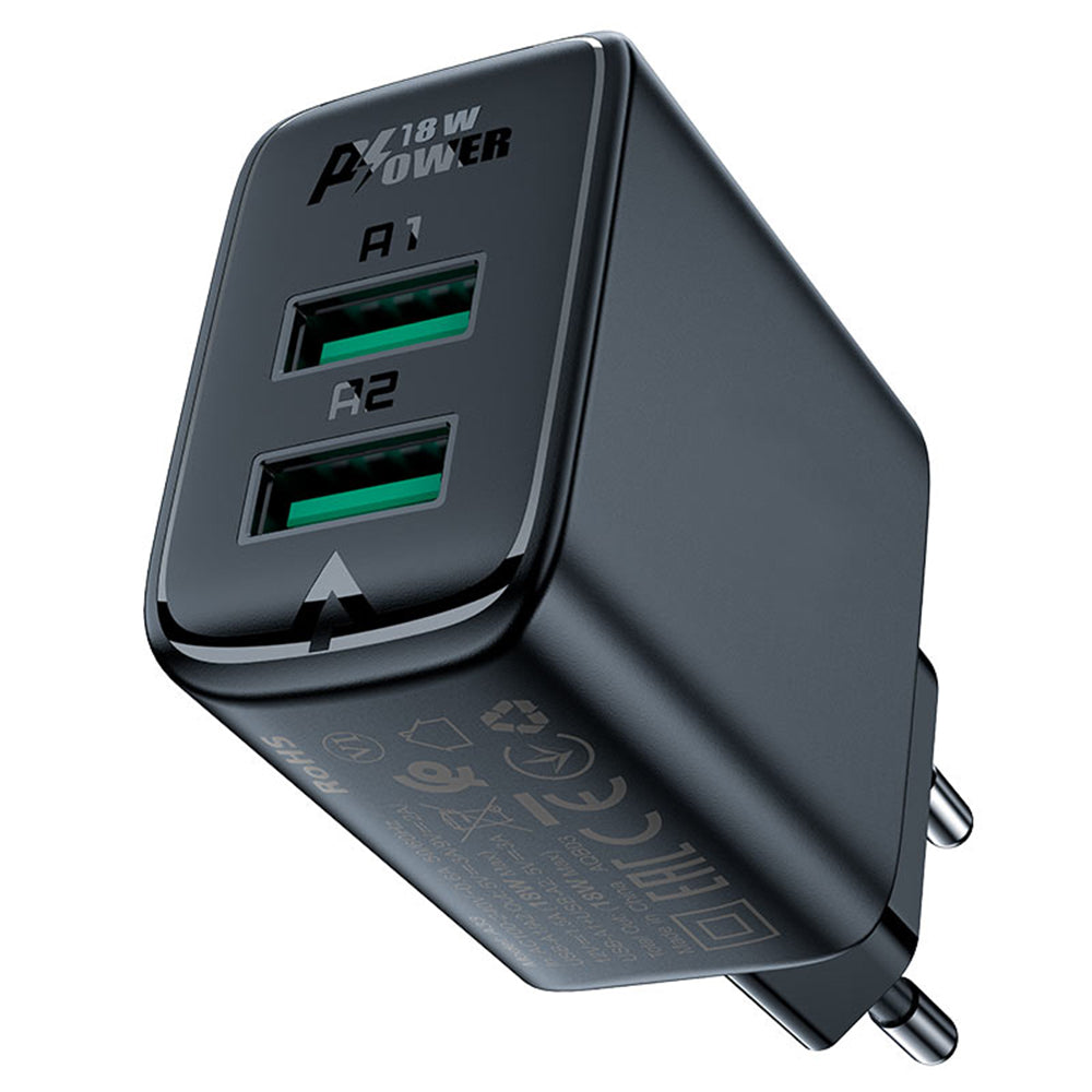 Acefast A33 hálózati töltő, 18W, 3A, 2 x USB-A, Fekete