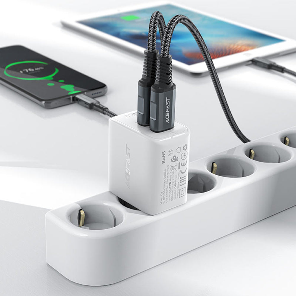 Acefast A33 hálózati töltő, 18W, 3A, 2 x USB-A, Fekete