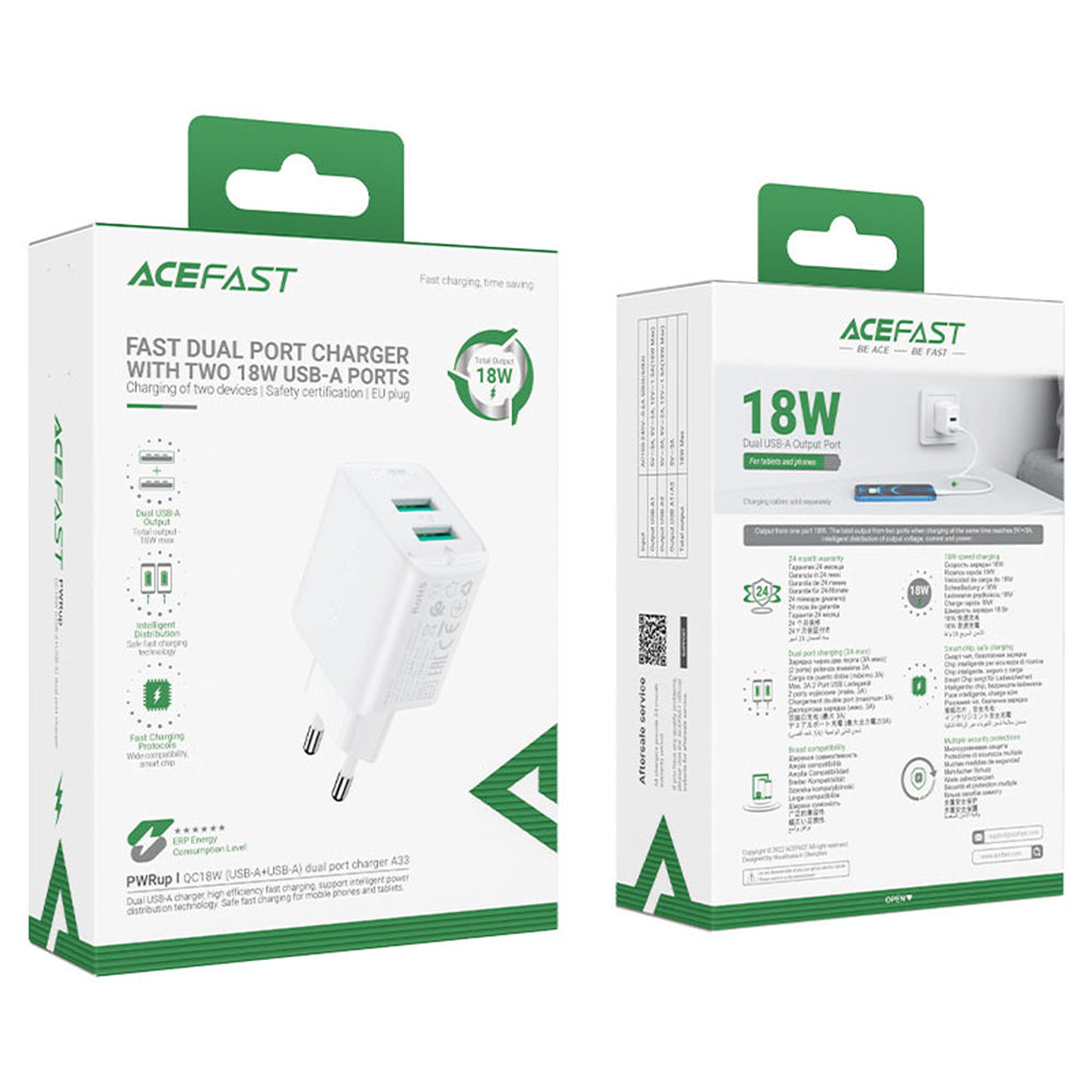 Acefast A33 hálózati töltő, 18W, 3A, 2 x USB-A, Fekete