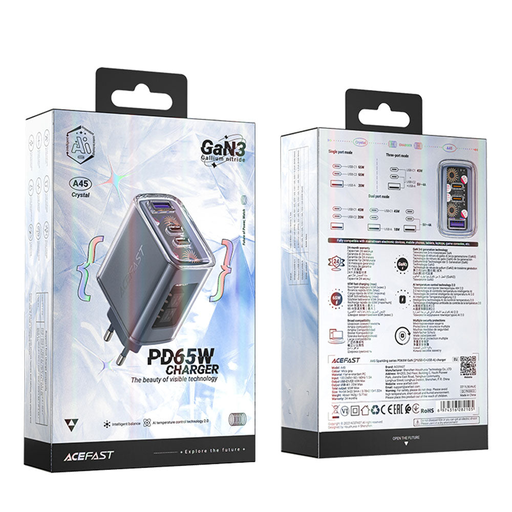 Acefast A45 Exploration hálózati töltő, 65W, 3.25A, 1 x USB-A - 2 x USB-C, szürke