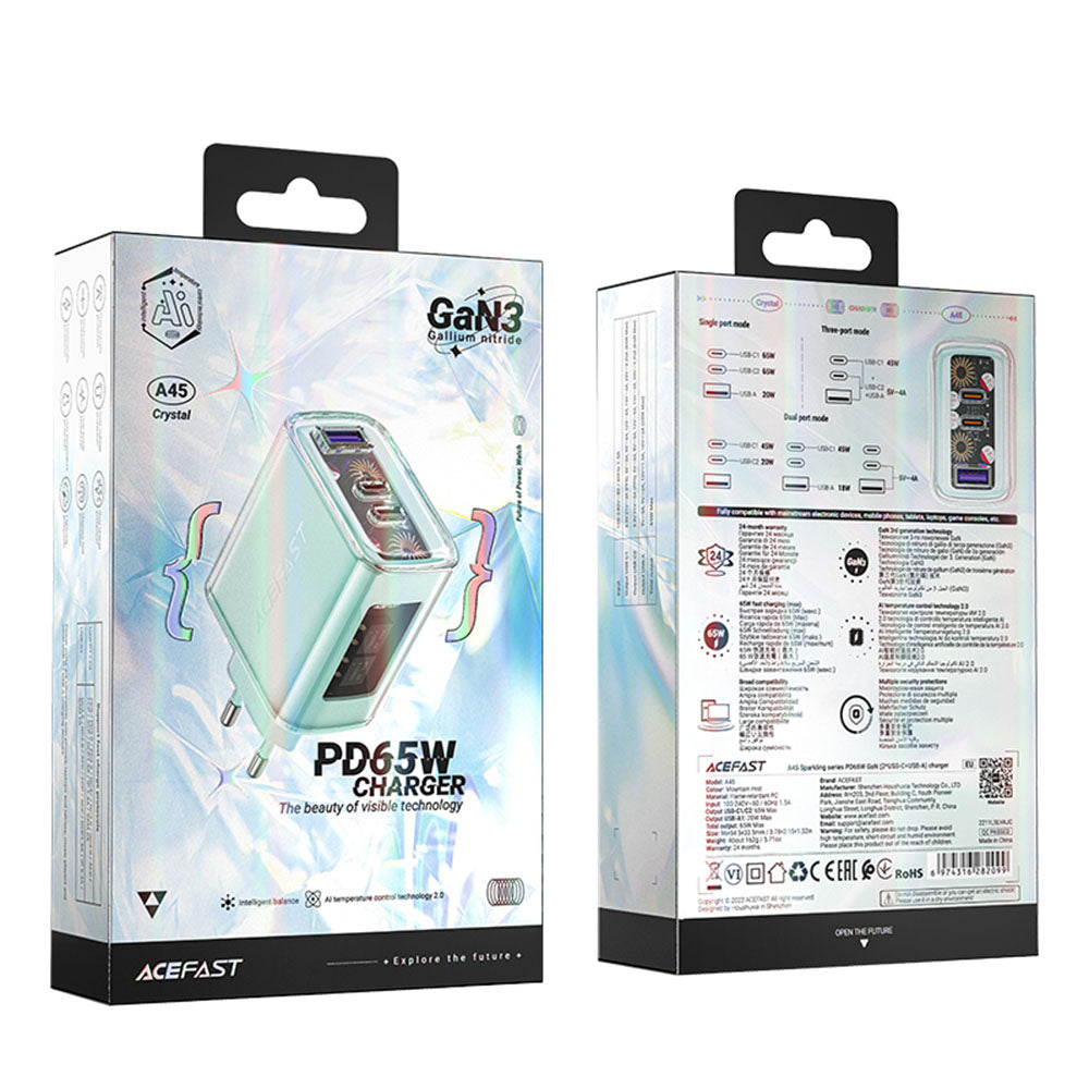 Acefast A45 Exploration hálózati töltő, 65W, 3.25A, 1 x USB-A - 2 x USB-C, zöld