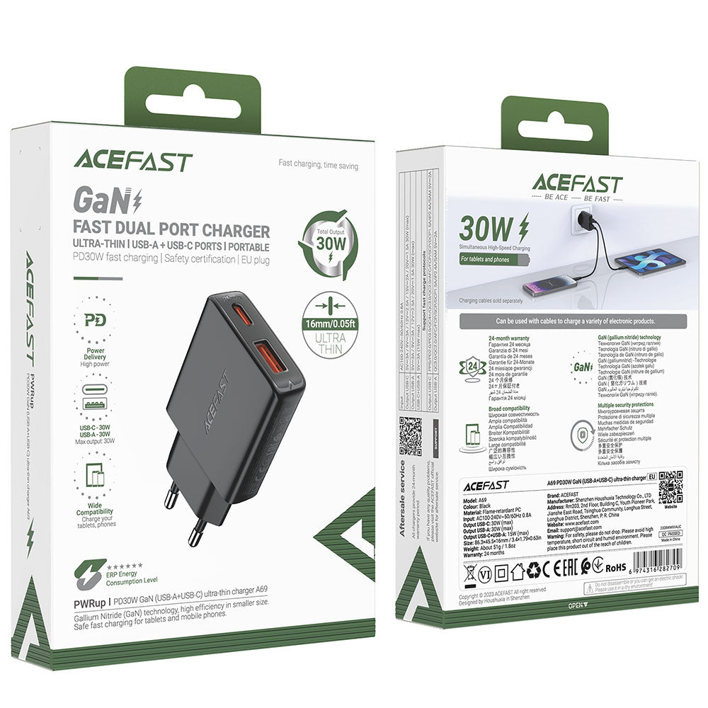 Acefast A69 hálózati töltő, 30W, 3A, 1 x USB-A - 1 x USB-C, fekete