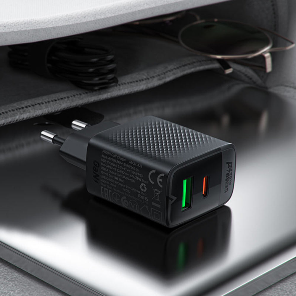 Acefast A78 hálózati töltő, 20W, 3A, 1 x USB-A - 1 x USB-C, Fekete