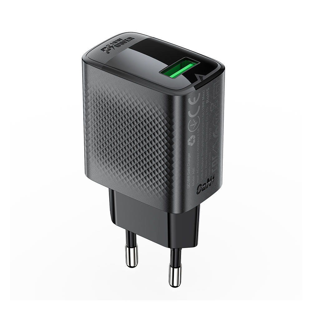 Acefast A90 hálózati töltő, 18W, 3A, 1 x USB-A, Fekete
