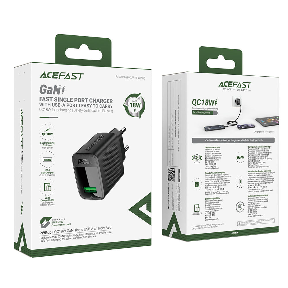 Acefast A90 hálózati töltő, 18W, 3A, 1 x USB-A, Fekete