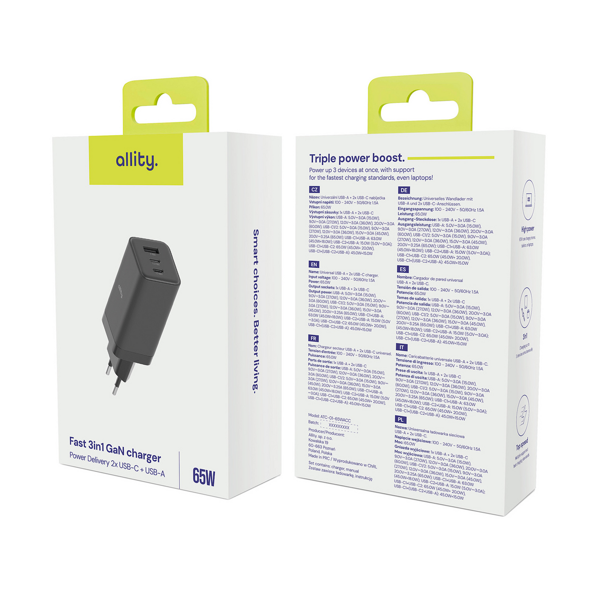 Allity Hálózati Töltő. ATC-01-65WACC Fast, 65W, 3.25A, 1 x USB-A - 2 x USB-C, Fekete