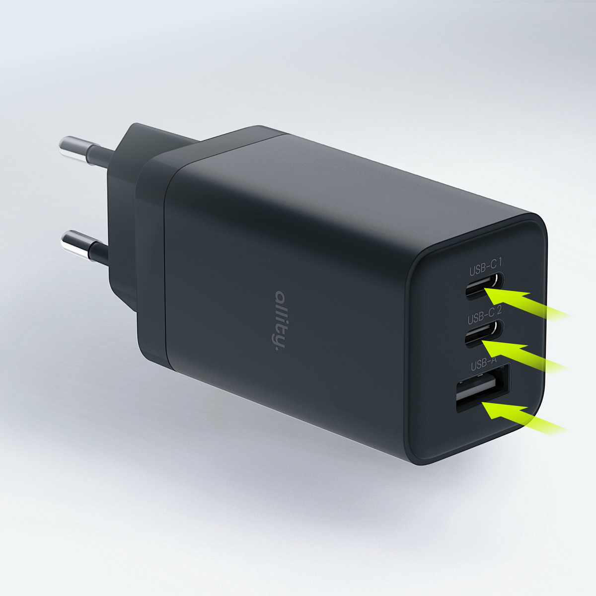 Allity Hálózati Töltő. ATC-01-65WACC Fast, 65W, 3.25A, 1 x USB-A - 2 x USB-C, Fekete