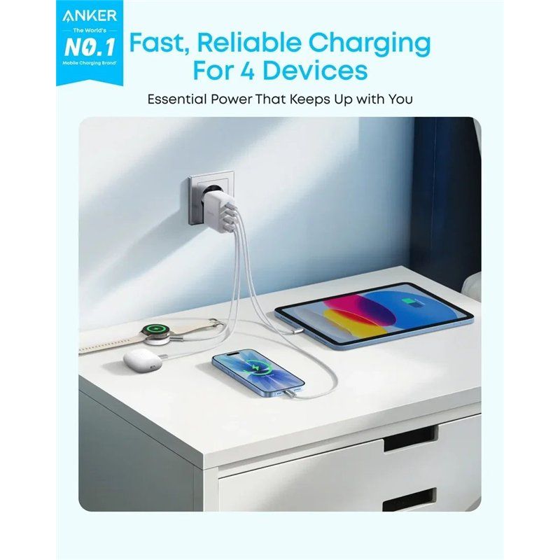 Anker Zolo hálózati töltő, 50W, 3A, 2 x USB-A - 2 x USB-C, Fehér A121EG21