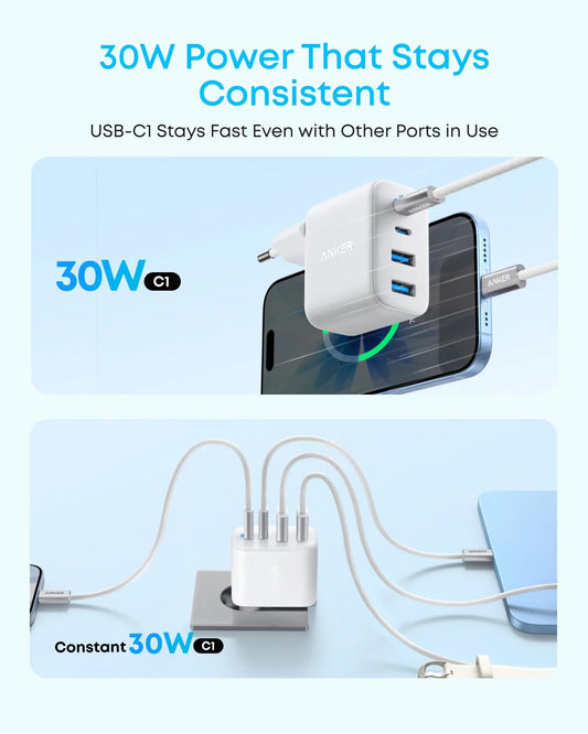 Anker Zolo hálózati töltő, 50W, 3A, 2 x USB-A - 2 x USB-C, Fehér