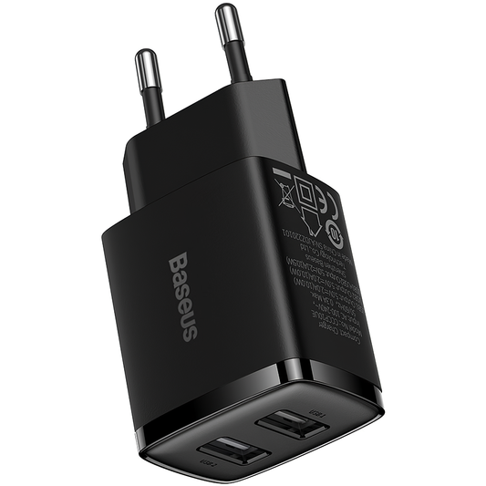Baseus kompakt hálózati töltő, 10,5W, 2,1A, 2 x USB-A, fekete CCXJ010201