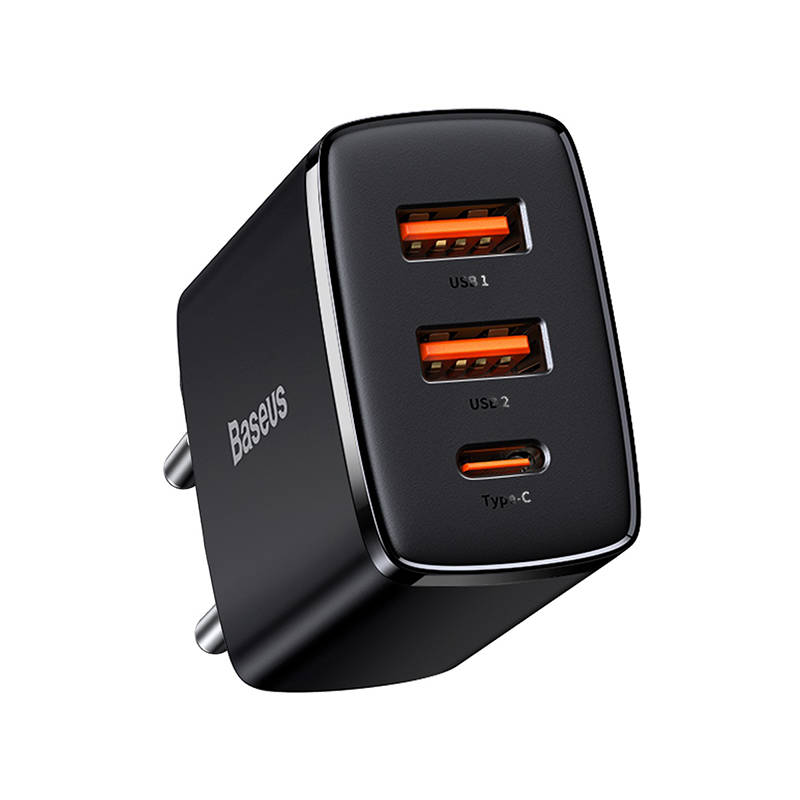 Baseus kompakt hálózati töltő, 30W, 3A, 1 x USB-C - 2 x USB-A, fekete CCXJ-E01