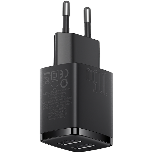 Baseus kompakt hálózati töltő, 10,5W, 2,1A, 2 x USB-A, fekete CCXJ010201
