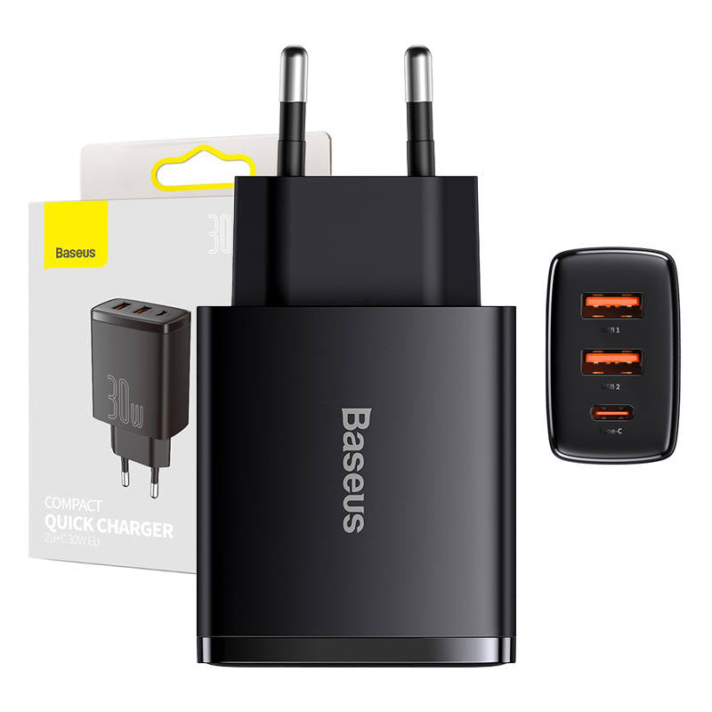 Baseus kompakt hálózati töltő, 30W, 3A, 1 x USB-C - 2 x USB-A, fekete CCXJ-E01