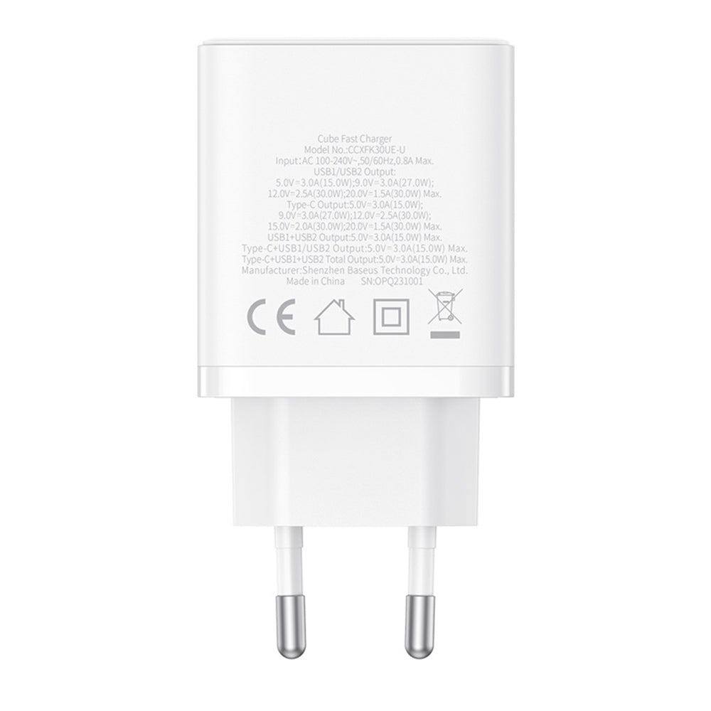 Baseus Cube hálózati töltő, 30W, 3A, 2 x USB-A - 1 x USB-C, Fehér P10111402213-00