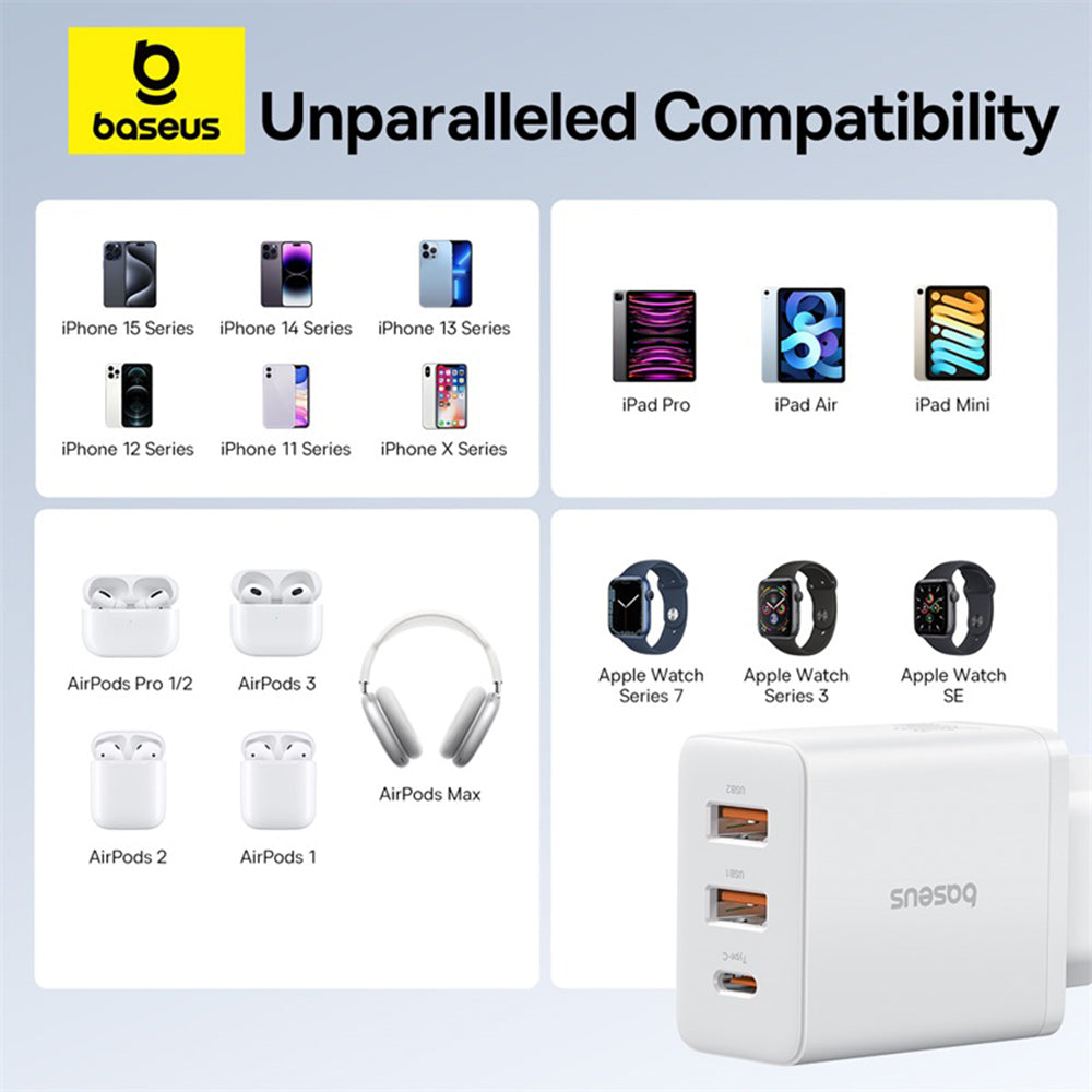 Baseus Cube hálózati töltő, 30W, 3A, 2 x USB-A - 1 x USB-C, Fehér P10111402213-00