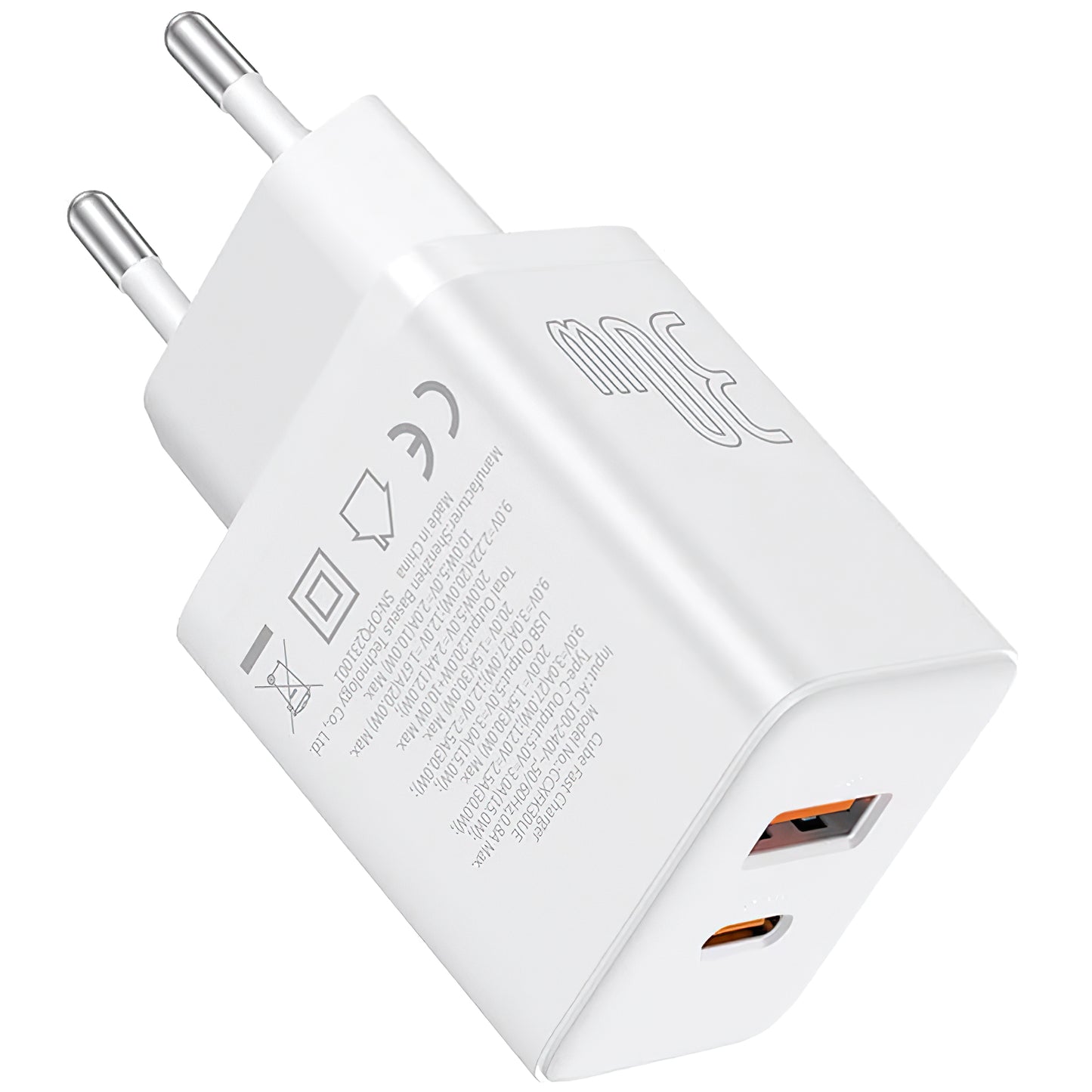 Baseus Cube hálózati töltő, 30W, 2,4A, 1 x USB-A - 1 x USB-C, fehér P10111404213-00