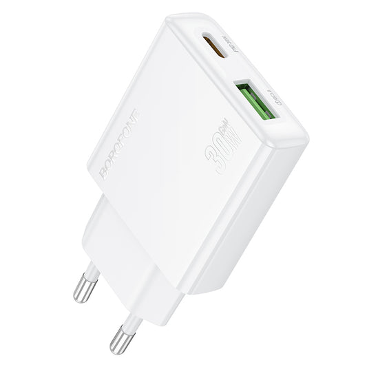 Borofone BN25 Wish hálózati töltő, 30W, 3A, 1 x USB-A - 1 x USB-C, Fehér