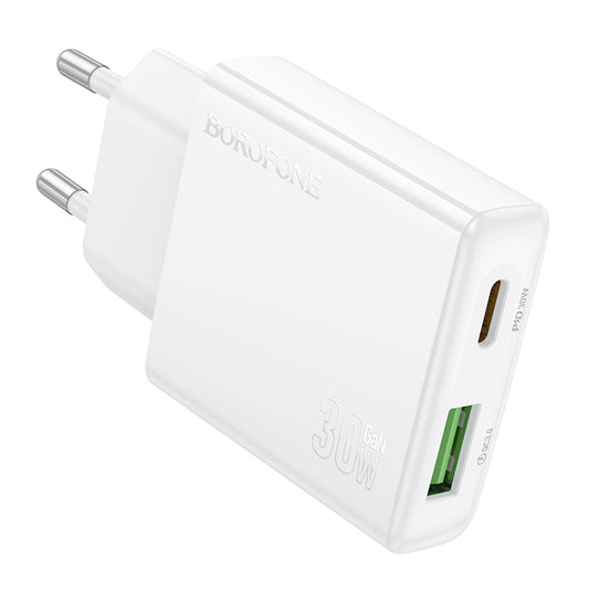 Borofone BN25 Wish hálózati töltő, 30W, 3A, 1 x USB-A - 1 x USB-C, Fehér