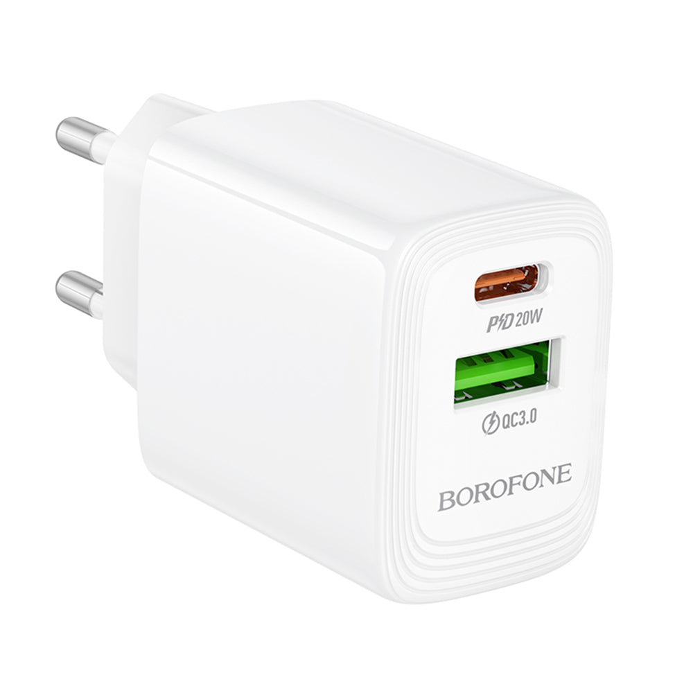 Borofone BN27 Fuente hálózati töltő, 20W, 3A, 1 x USB-A - 1 x USB-C, fehér