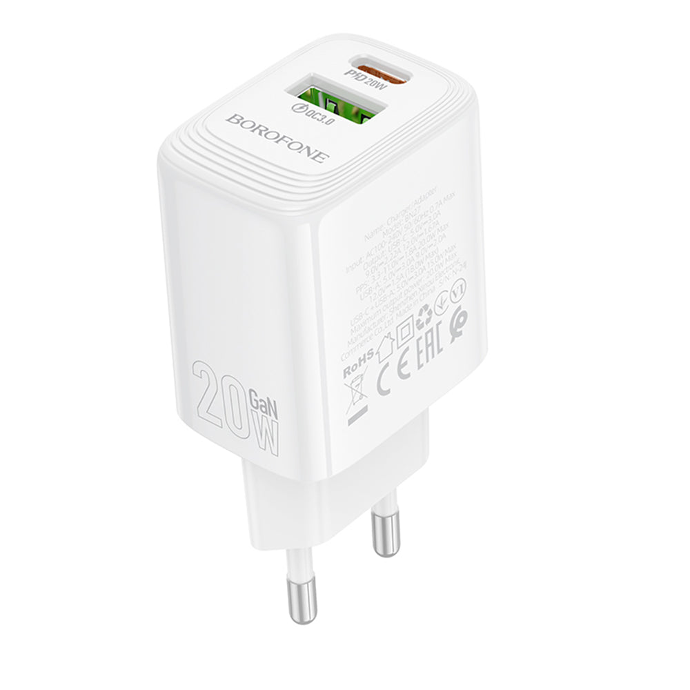 Borofone BN27 Fuente hálózati töltő, 20W, 3A, 1 x USB-A - 1 x USB-C, fehér