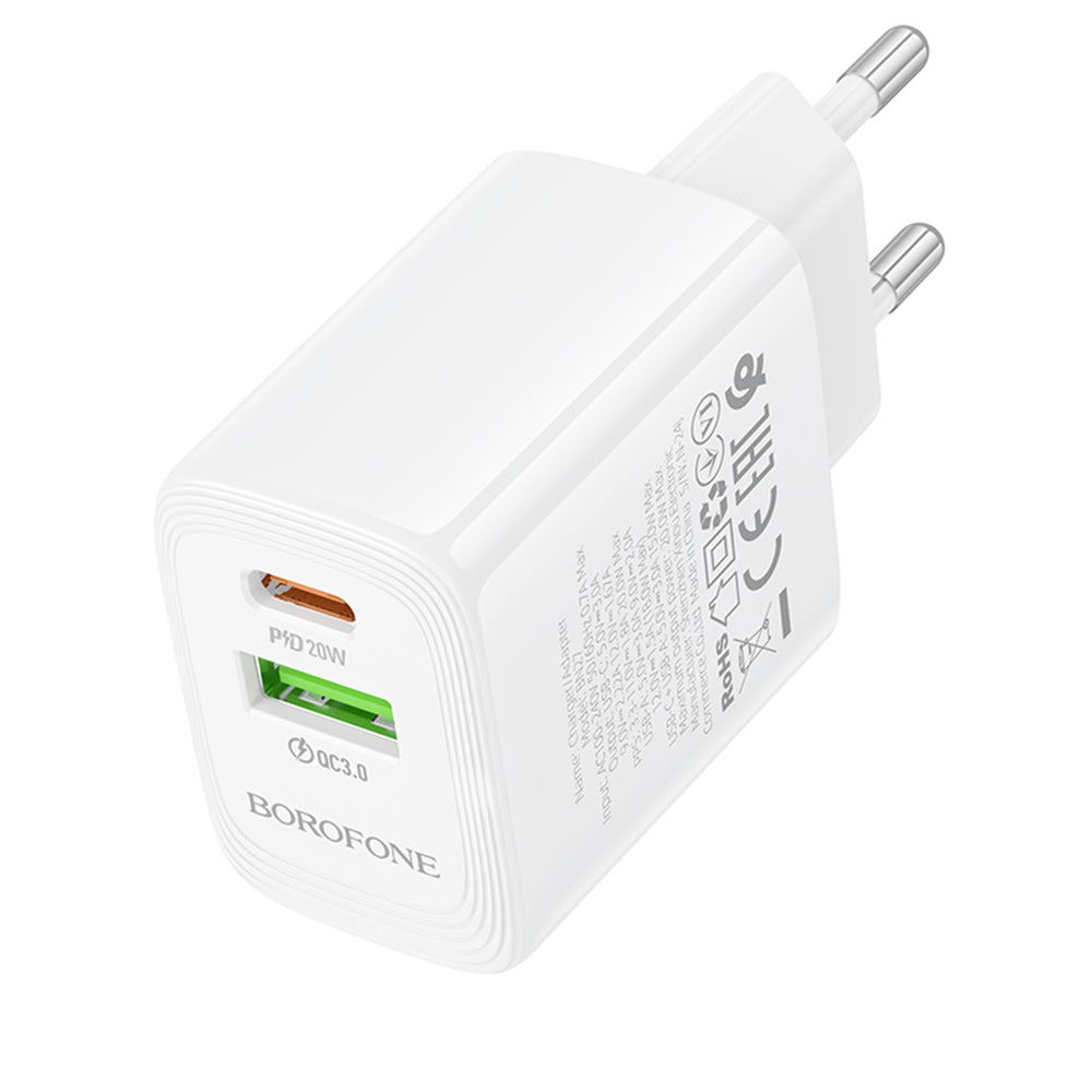 Borofone BN27 Fuente hálózati töltő, 20W, 3A, 1 x USB-A - 1 x USB-C, fehér