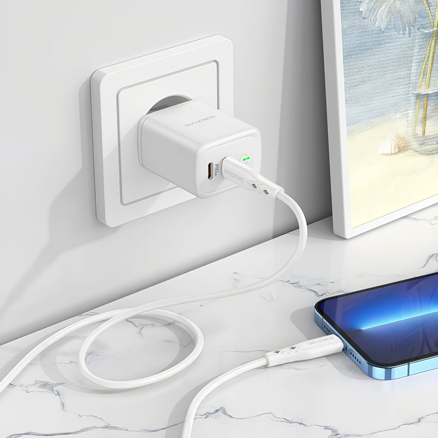 Borofone BN9 hálózati töltő, 35W, 3A, 2 x USB-C, Fehér